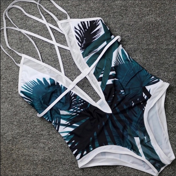 1 left! Palm Leaf Strappy One Piece Swimsuit - Picture 6 of 8